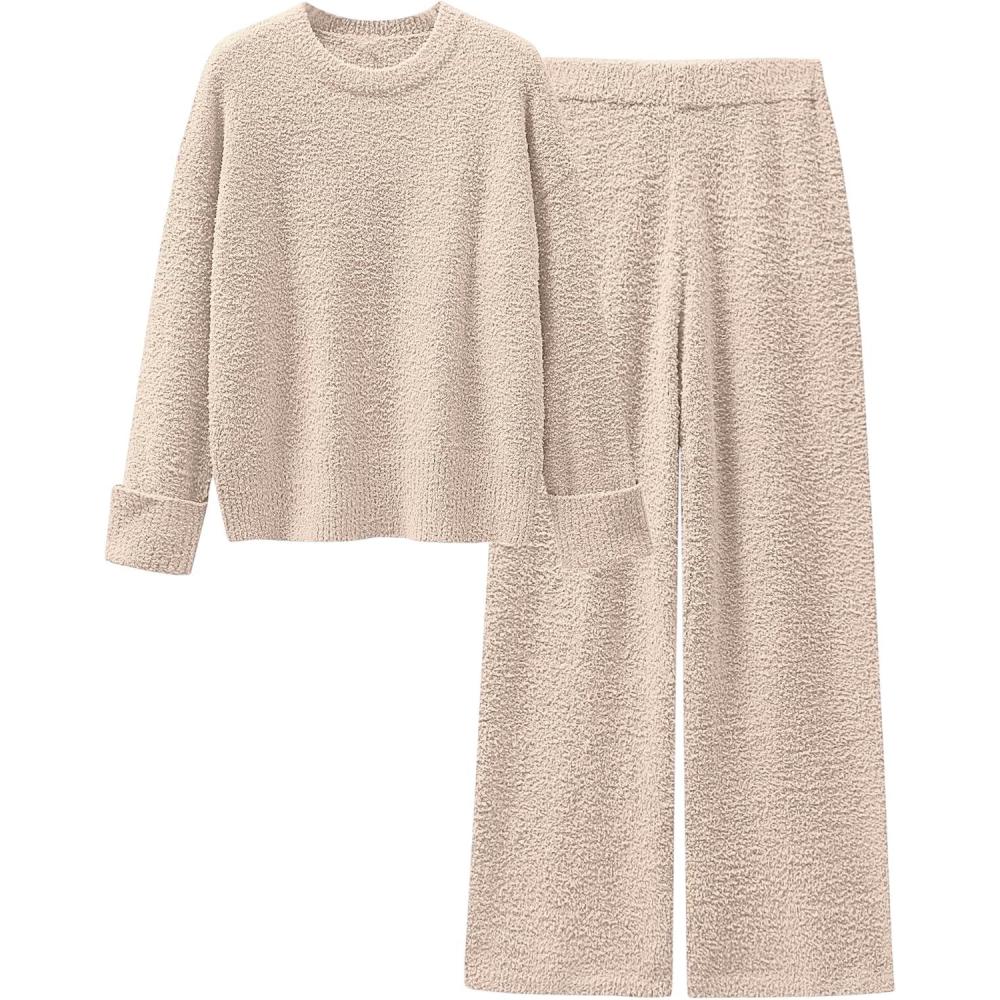 imageANRABESS 2 Piece Sets for Women Fall Fuzzy Fleece Pajama Sweater Knit Top Wide Leg Pants Loungewear 2025 Winter Cozy OutfitsLight Khaki