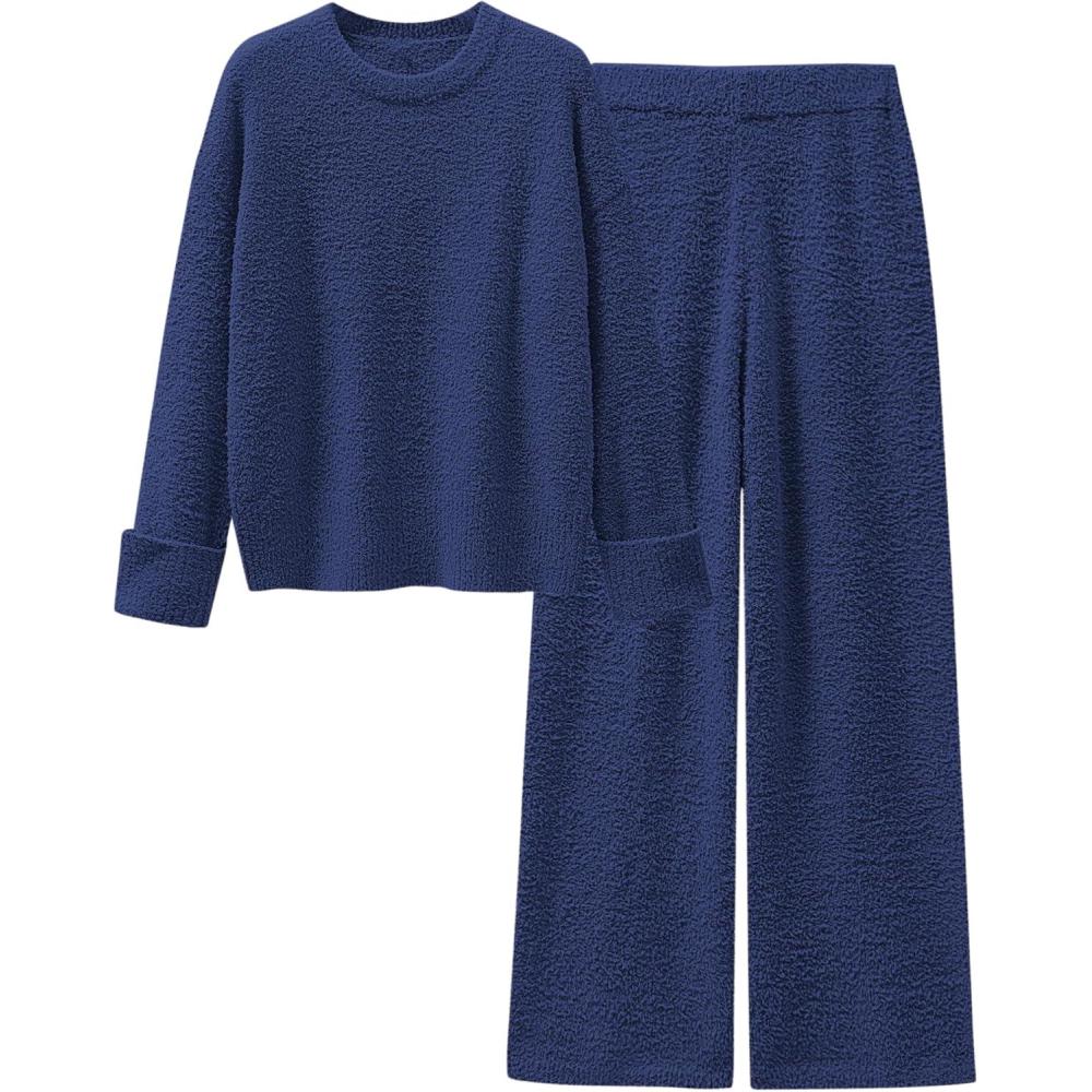 imageANRABESS 2 Piece Sets for Women Fall Fuzzy Fleece Pajama Sweater Knit Top Wide Leg Pants Loungewear 2025 Winter Cozy OutfitsNavy Blue