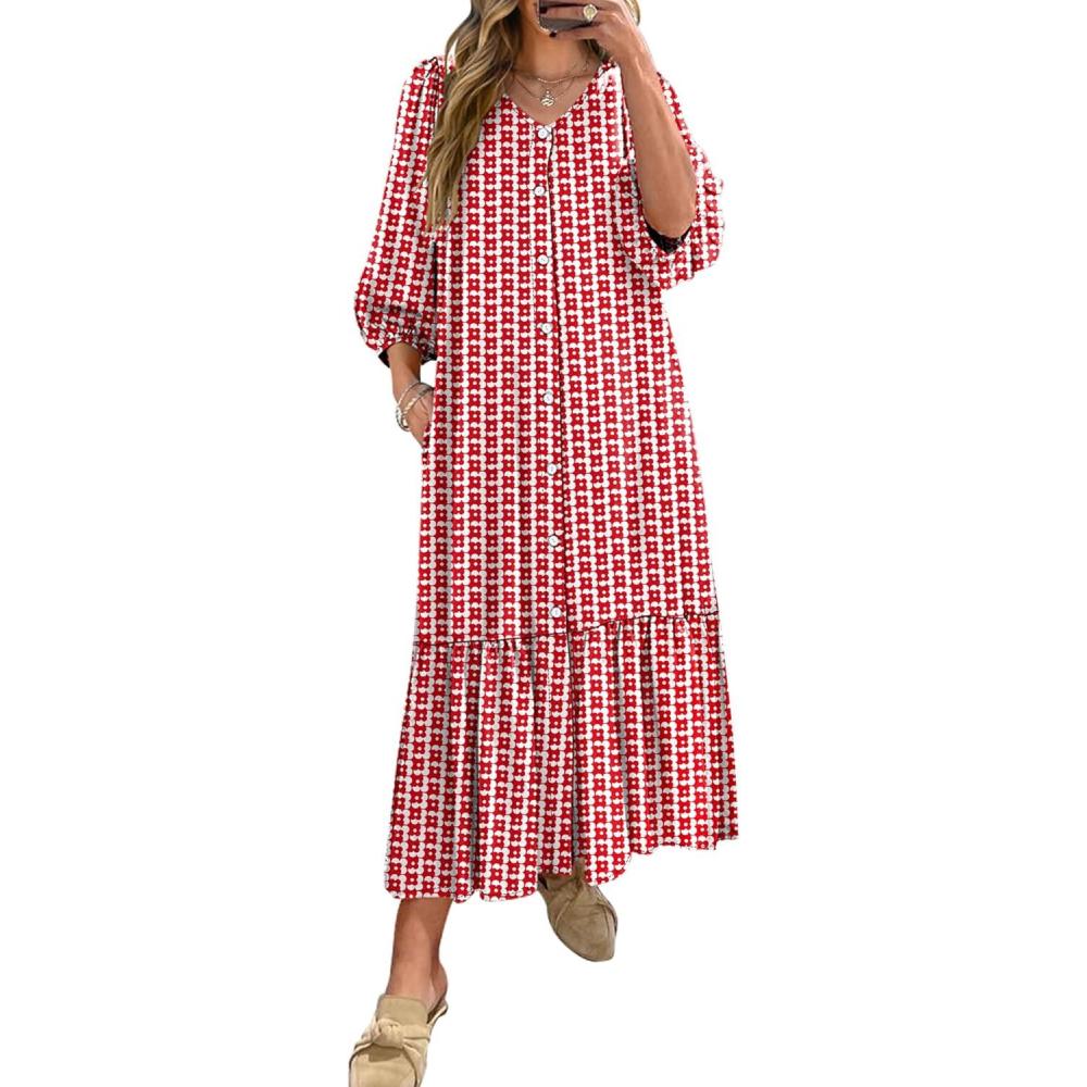 imageANRABESS Boho Maxi Dresses for Women Summer Puff Sleeve V Neck Flowy Long Casual Dress with Pockets 2025 Vacation OutfitsFloral Red