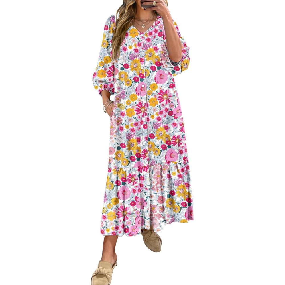 imageANRABESS Boho Maxi Dresses for Women Summer Puff Sleeve V Neck Flowy Long Casual Dress with Pockets 2025 Vacation OutfitsFloral Yellow Pink