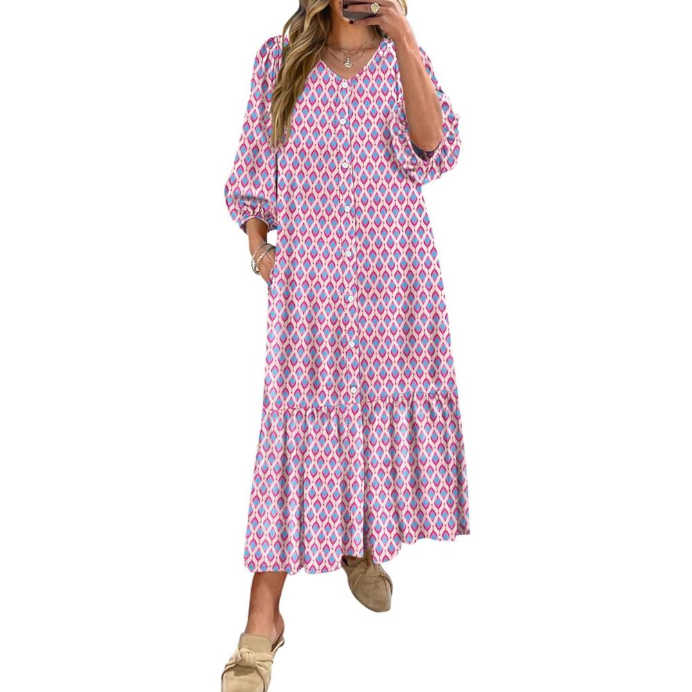 imageANRABESS Boho Maxi Dresses for Women Summer Puff Sleeve V Neck Flowy Long Casual Dress with Pockets 2025 Vacation OutfitsLeaves Hot Pink