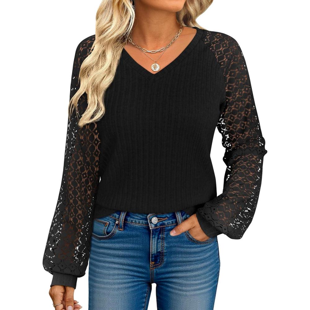 imageANRABESS Lace Long Sleeve Tops for Women 2025 Fall Business Casual V Neck Shirts Work Office Trendy Blouses Fashion OutfitsBlack