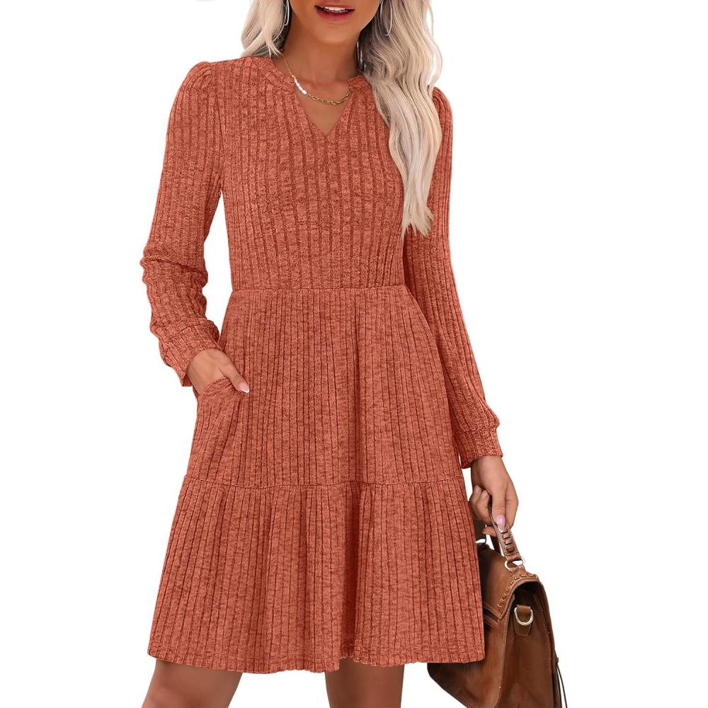 imageANRABESS Long Sleeve Dress for Women Fall Fashion Outfits 2025 Casual V Neck Rib Knit Babydoll Sweater Dresses with PocketsBurnt Orange