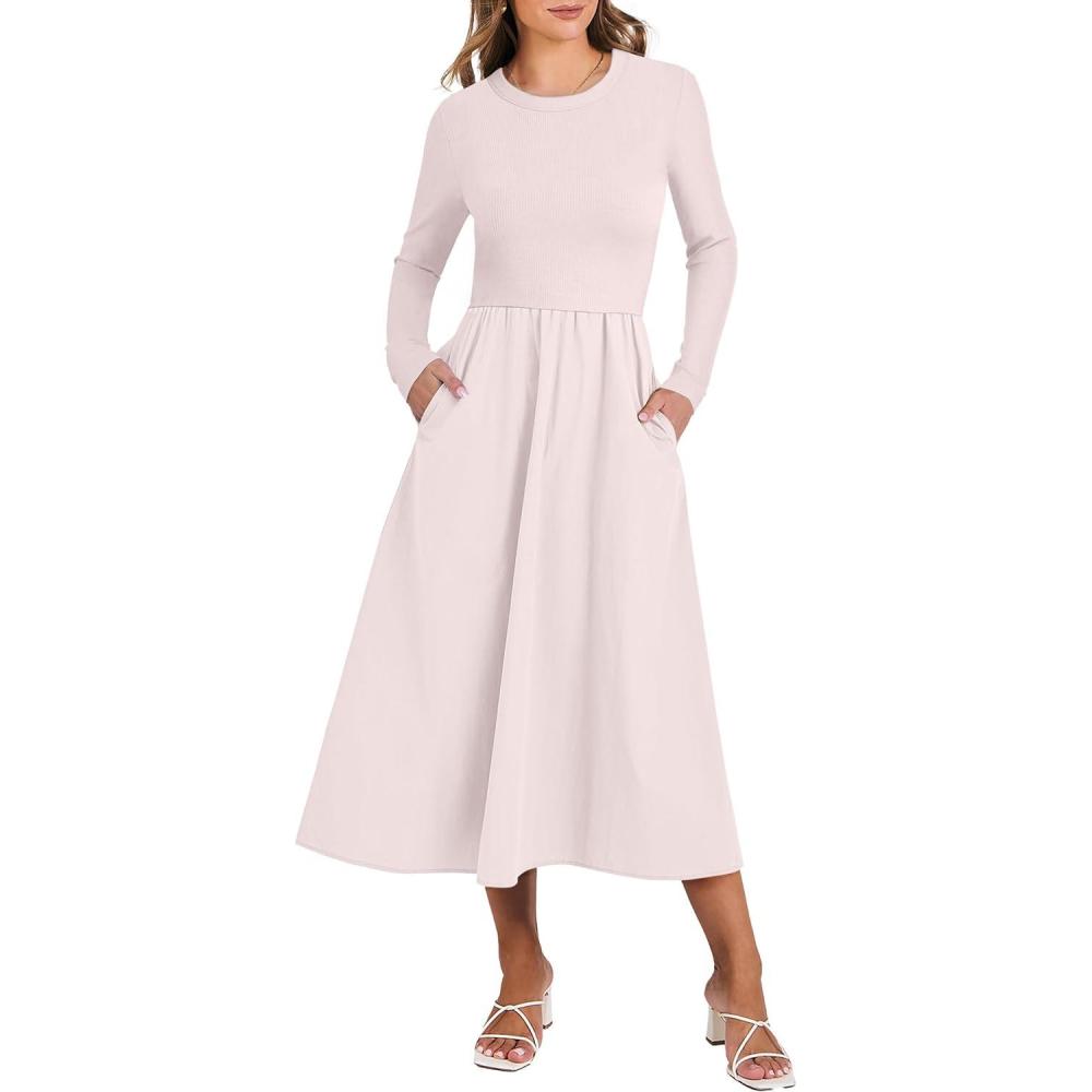 imageANRABESS Long Sleeve Midi Dresses for Women 2025 Fall Fashion Casual Rib Knit Patchwork Tight Top Modest Flowy Dress PocketBeige