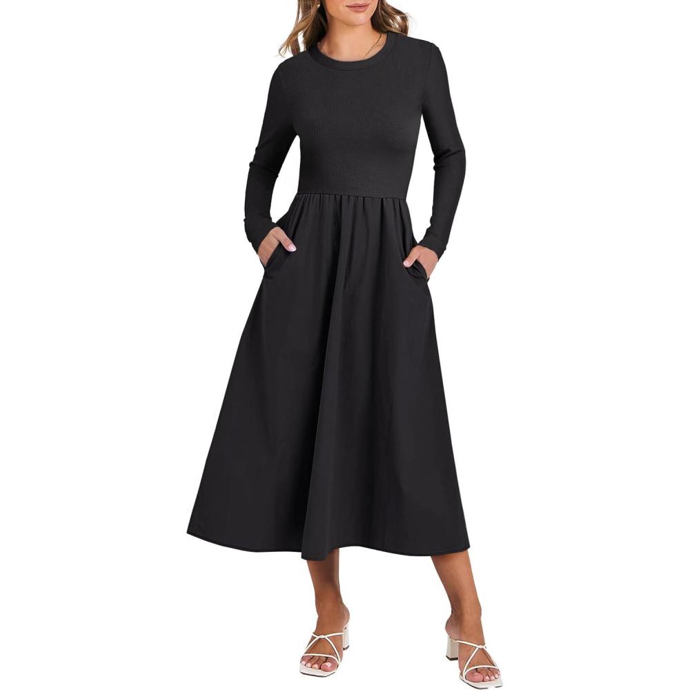 imageANRABESS Long Sleeve Midi Dresses for Women 2025 Fall Fashion Casual Rib Knit Patchwork Tight Top Modest Flowy Dress PocketBlack