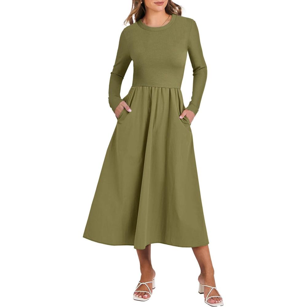 imageANRABESS Long Sleeve Midi Dresses for Women 2025 Fall Fashion Casual Rib Knit Patchwork Tight Top Modest Flowy Dress PocketOlive Green