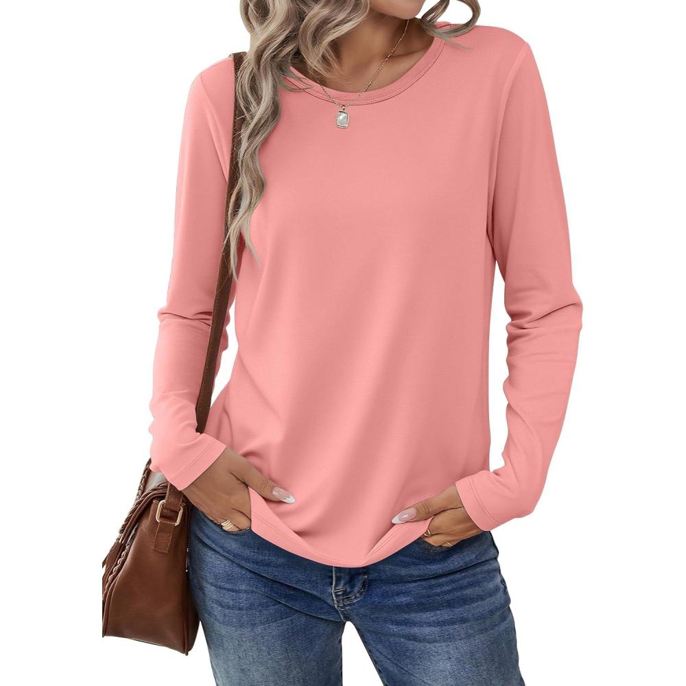 imageANRABESS Long Sleeve Shirts for Women Casual Crewneck Basic Tee Tshirts Loose Fit Curved Hem Tunic Top 2025 Fall OutfitsCoral