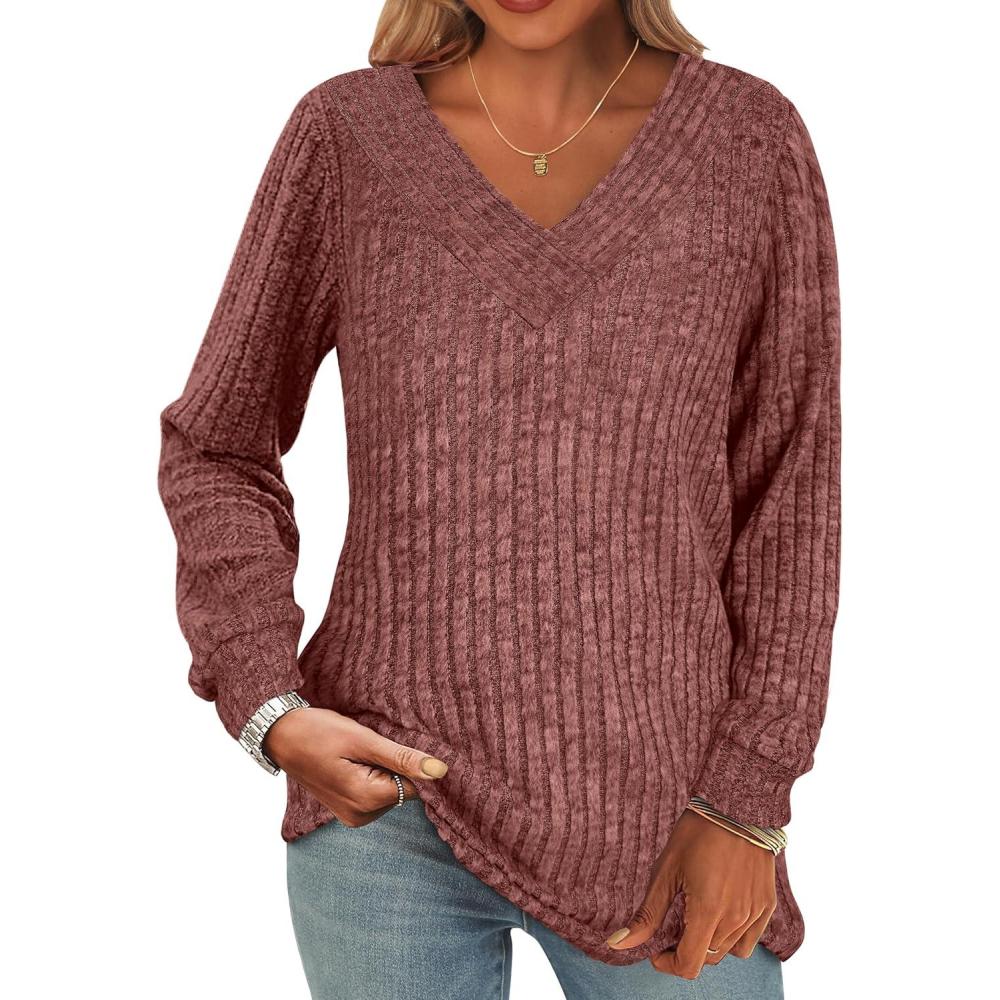 imageANRABESS Long Sleeve Shirts for Women V Neck Tunic Tops Business Casual Loose Fall Lightweight Sweaters Fashion Clothes 2025Rust