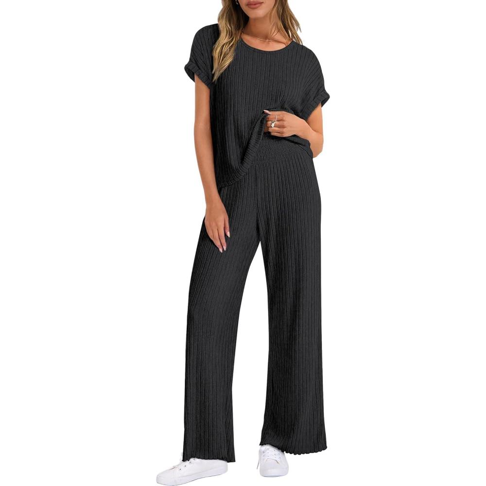 imageANRABESS Lounge Sets For Women Fall Ribbed Knit 2 Piece Pajama Sets Casual Short Sleeve Top and Long Pants Matching OutfitsBlack