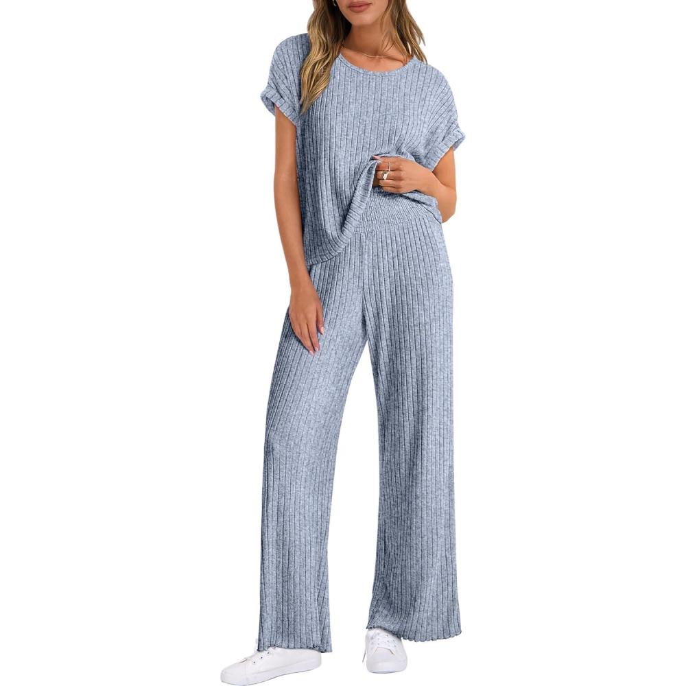 imageANRABESS Lounge Sets For Women Fall Ribbed Knit 2 Piece Pajama Sets Casual Short Sleeve Top and Long Pants Matching OutfitsBlue