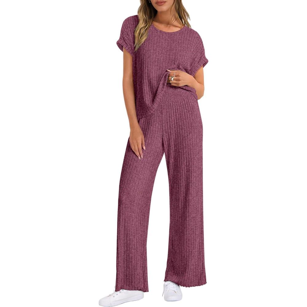imageANRABESS Lounge Sets For Women Fall Ribbed Knit 2 Piece Pajama Sets Casual Short Sleeve Top and Long Pants Matching OutfitsDark Red