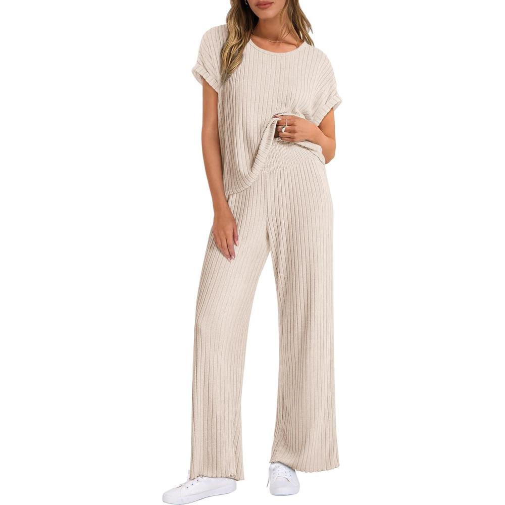 imageANRABESS Lounge Sets For Women Fall Ribbed Knit 2 Piece Pajama Sets Casual Short Sleeve Top and Long Pants Matching OutfitsLight Khaki