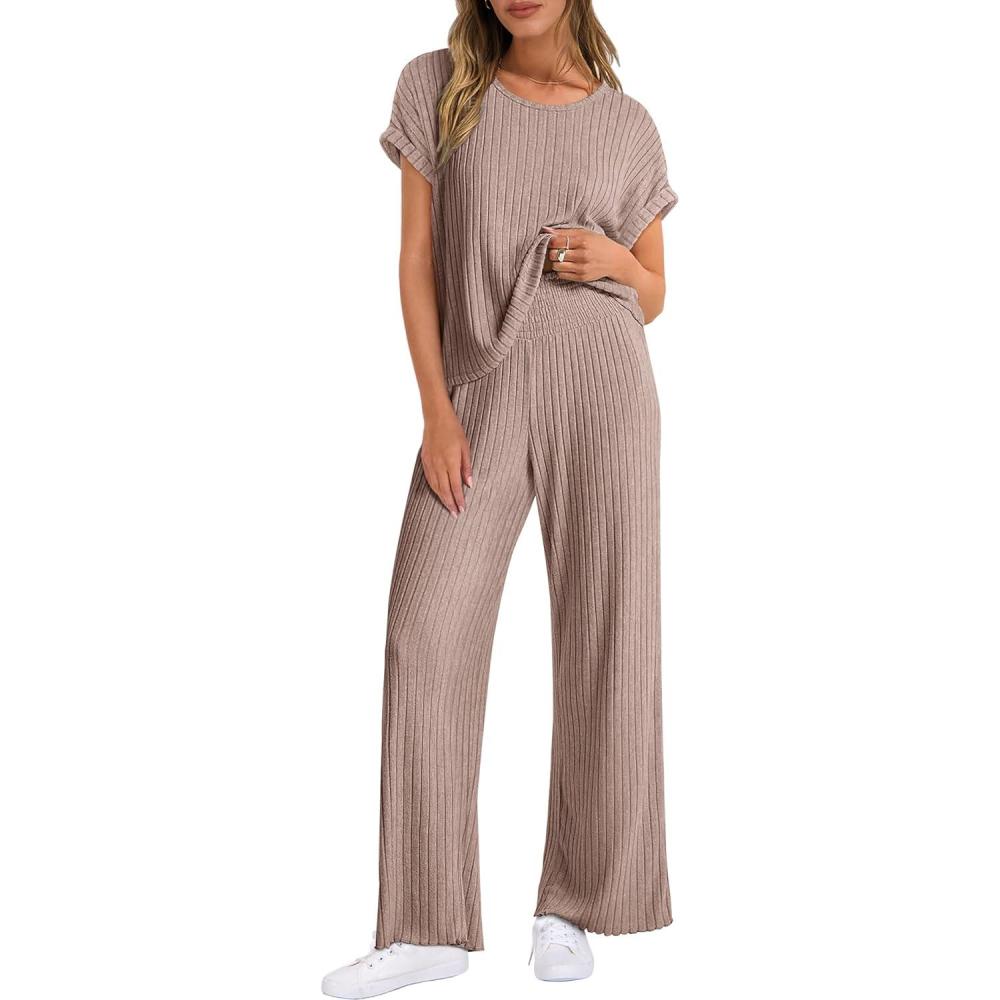 imageANRABESS Lounge Sets For Women Fall Ribbed Knit 2 Piece Pajama Sets Casual Short Sleeve Top and Long Pants Matching OutfitsTan Khaki