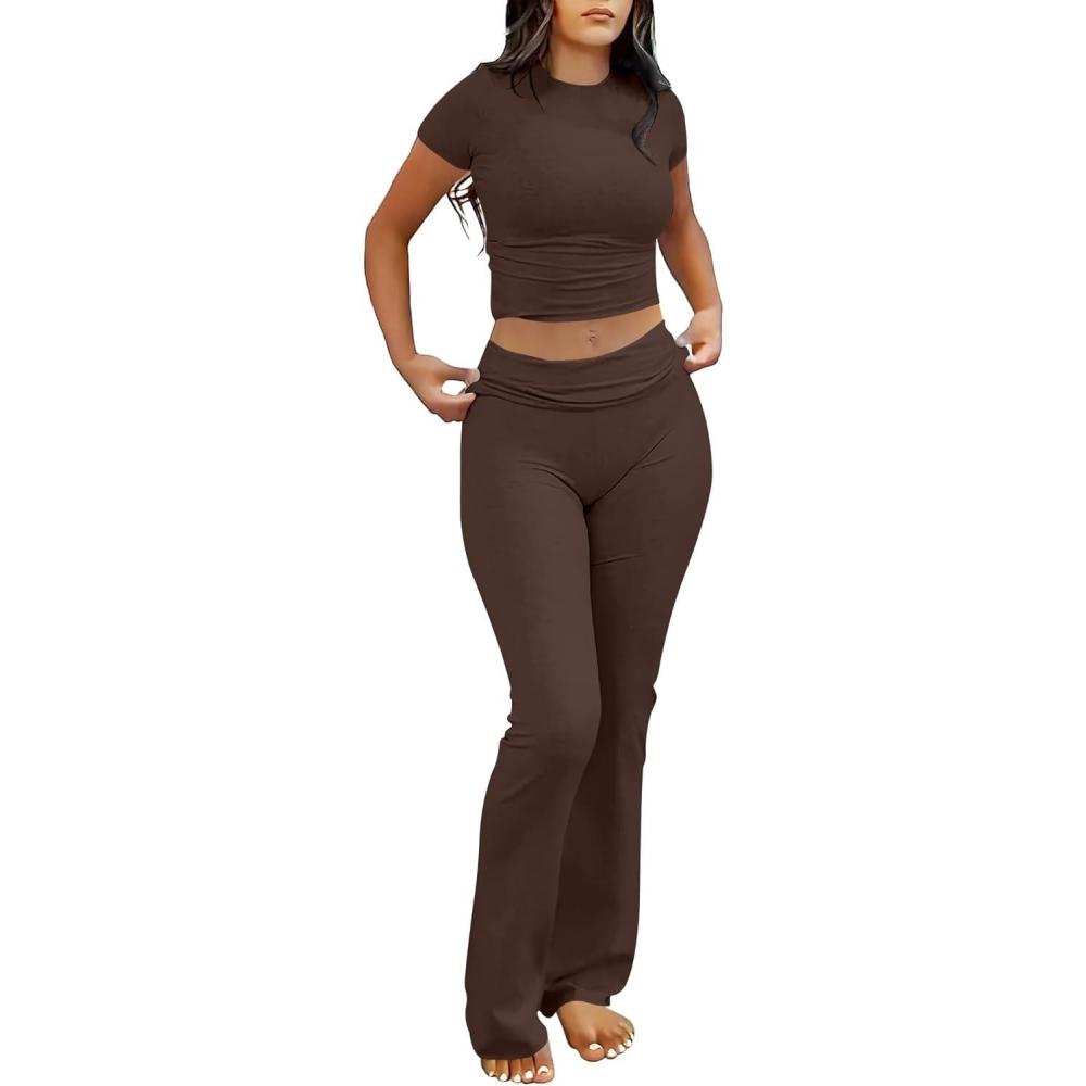 imageANRABESS Lounge Sets for Women 2 Piece Foldover Yoga Flare Leggings Pants Crop Tops Casual Y2K Outfits Matching Tracksuit SetBrown