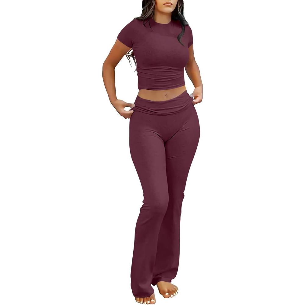 imageANRABESS Lounge Sets for Women 2 Piece Foldover Yoga Flare Leggings Pants Crop Tops Casual Y2K Outfits Matching Tracksuit SetBurgundy