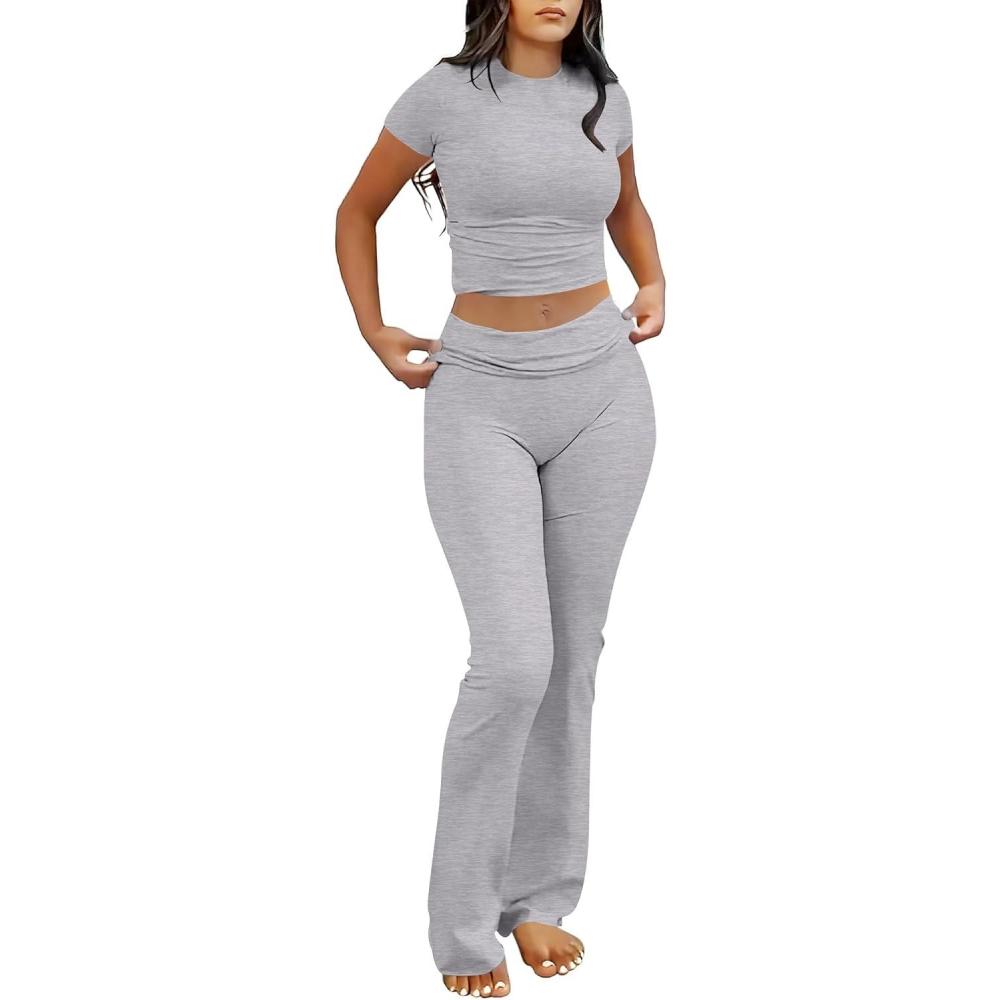 imageANRABESS Lounge Sets for Women 2 Piece Foldover Yoga Flare Leggings Pants Crop Tops Casual Y2K Outfits Matching Tracksuit SetGrey