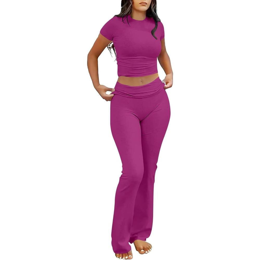 imageANRABESS Lounge Sets for Women 2 Piece Foldover Yoga Flare Leggings Pants Crop Tops Casual Y2K Outfits Matching Tracksuit SetHot Pink