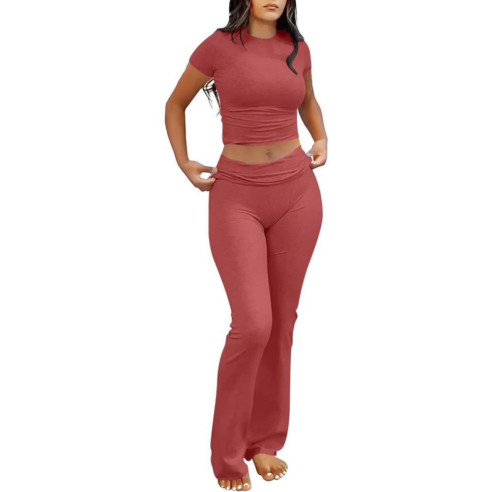 imageANRABESS Lounge Sets for Women 2 Piece Foldover Yoga Flare Leggings Pants Crop Tops Casual Y2K Outfits Matching Tracksuit SetPeach