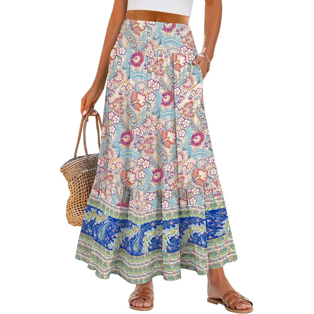 imageANRABESS Maxi Skirts for Women 2025 Summer Boho Long Flowy Floral Elastic High Waist Skirt Casual Travel Skirt with PocketsApricot