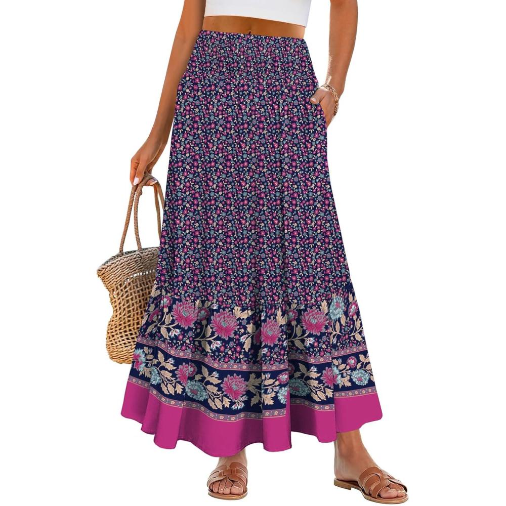 imageANRABESS Maxi Skirts for Women 2025 Summer Boho Long Flowy Floral Elastic High Waist Skirt Casual Travel Skirt with PocketsDeep Purple Floral