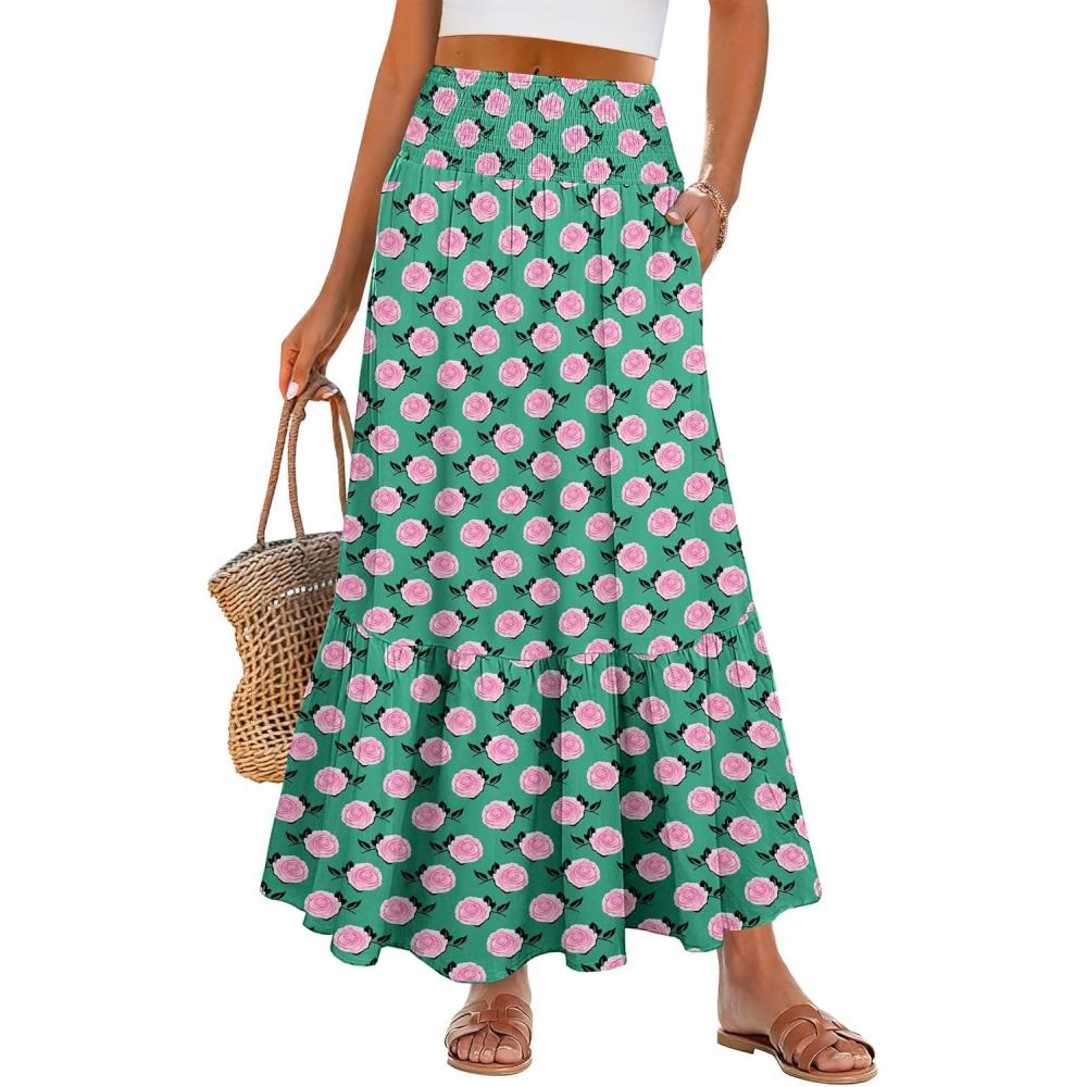 imageANRABESS Maxi Skirts for Women 2025 Summer Boho Long Flowy Floral Elastic High Waist Skirt Casual Travel Skirt with PocketsGreen