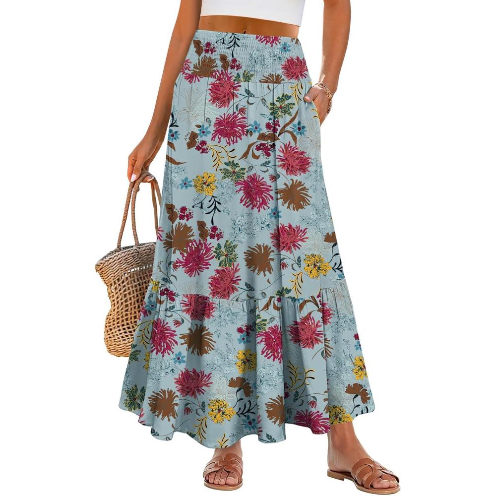 imageANRABESS Maxi Skirts for Women 2025 Summer Boho Long Flowy Floral Elastic High Waist Skirt Casual Travel Skirt with PocketsGreen Floral