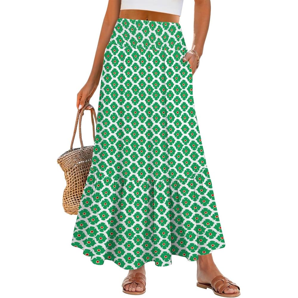 imageANRABESS Maxi Skirts for Women 2025 Summer Boho Long Flowy Floral Elastic High Waist Skirt Casual Travel Skirt with PocketsLight Green