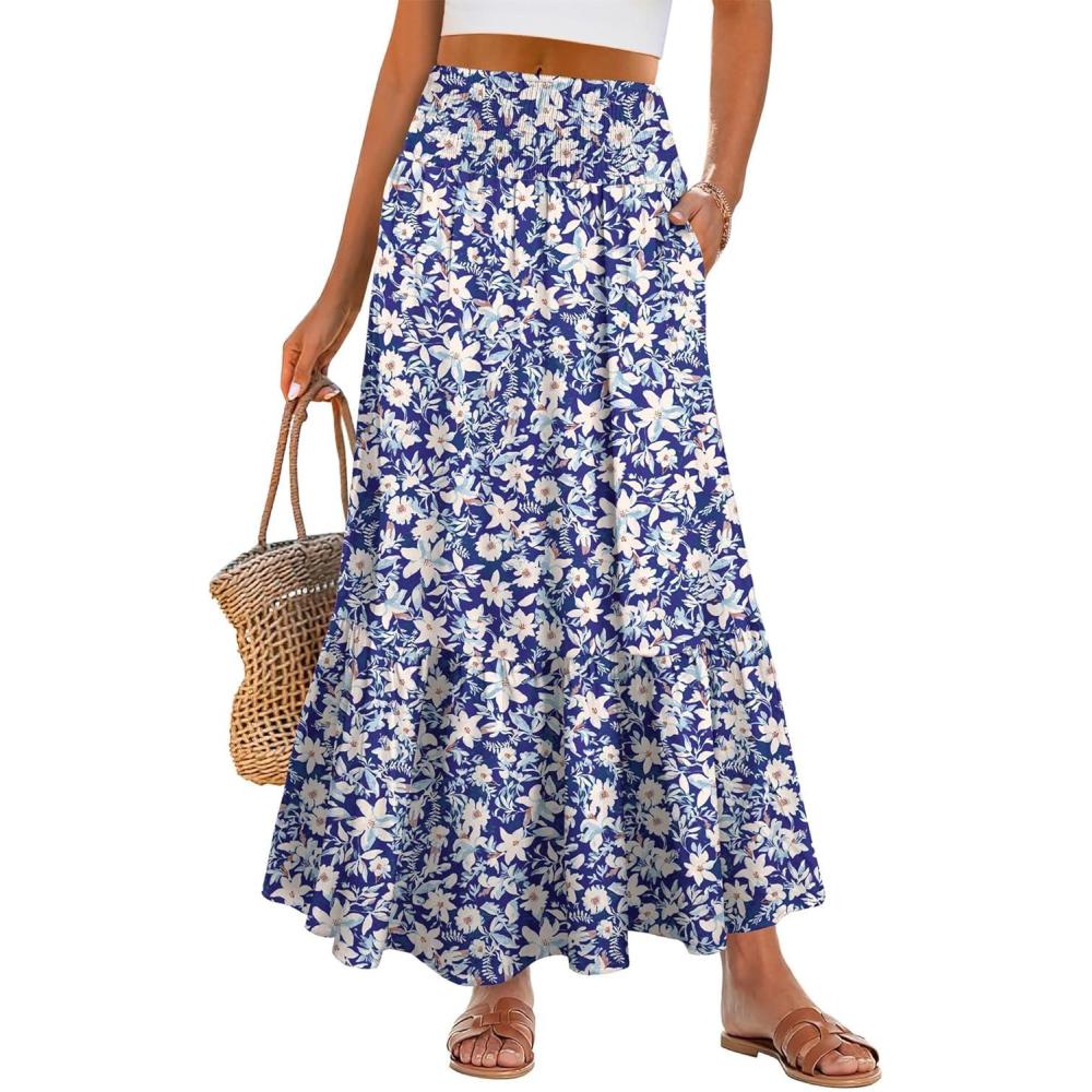 imageANRABESS Maxi Skirts for Women 2025 Summer Boho Long Flowy Floral Elastic High Waist Skirt Casual Travel Skirt with PocketsLily Floral