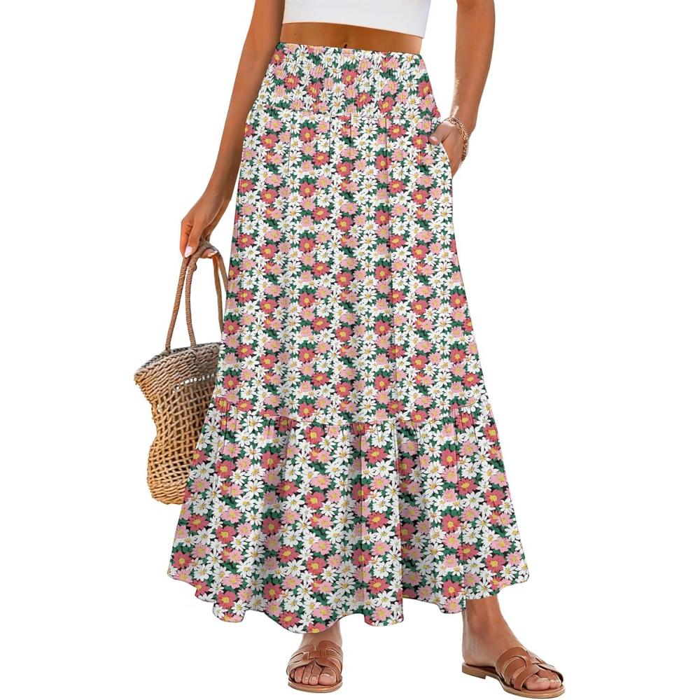 imageANRABESS Maxi Skirts for Women 2025 Summer Boho Long Flowy Floral Elastic High Waist Skirt Casual Travel Skirt with PocketsWhite Pink Floral