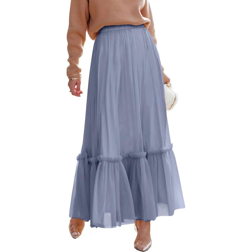 imageANRABESS Maxi Skirts for Women Tulle Long Tiered Elastic High Waisted A Line Flowy Dressy Casual Skirt 2025 Fall TrendyGrey Blue