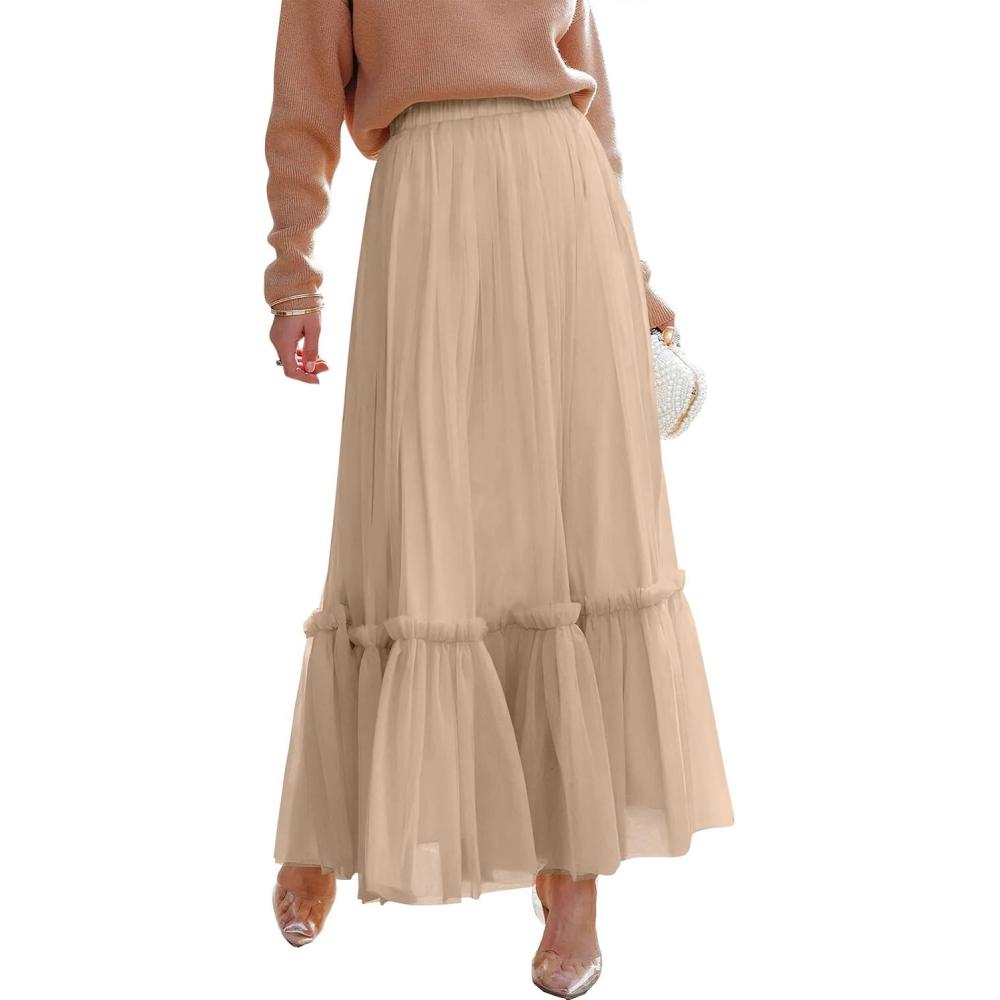imageANRABESS Maxi Skirts for Women Tulle Long Tiered Elastic High Waisted A Line Flowy Dressy Casual Skirt 2025 Fall TrendyLight Tan