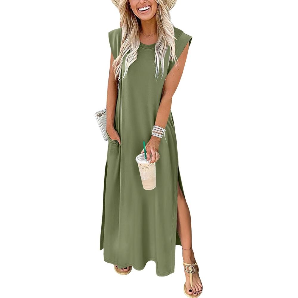 imageANRABESS Summer Dress for Women 2025 Maxi Sundresses Casual Cap Sleeve Crew Neck Loose Split Beach Travel Vacation OutfitsArmy Green