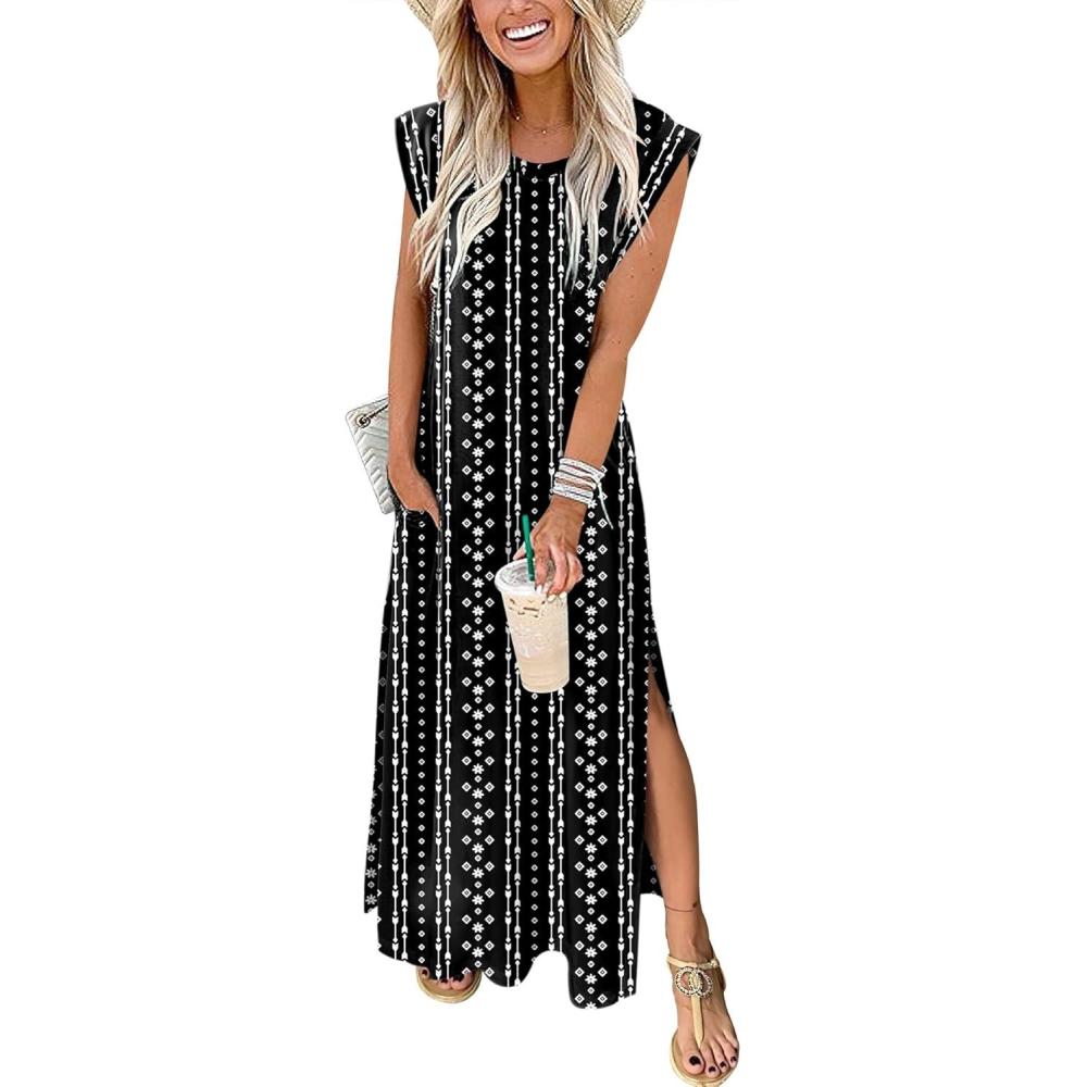 imageANRABESS Summer Dress for Women 2025 Maxi Sundresses Casual Cap Sleeve Crew Neck Loose Split Beach Travel Vacation OutfitsBoho Black