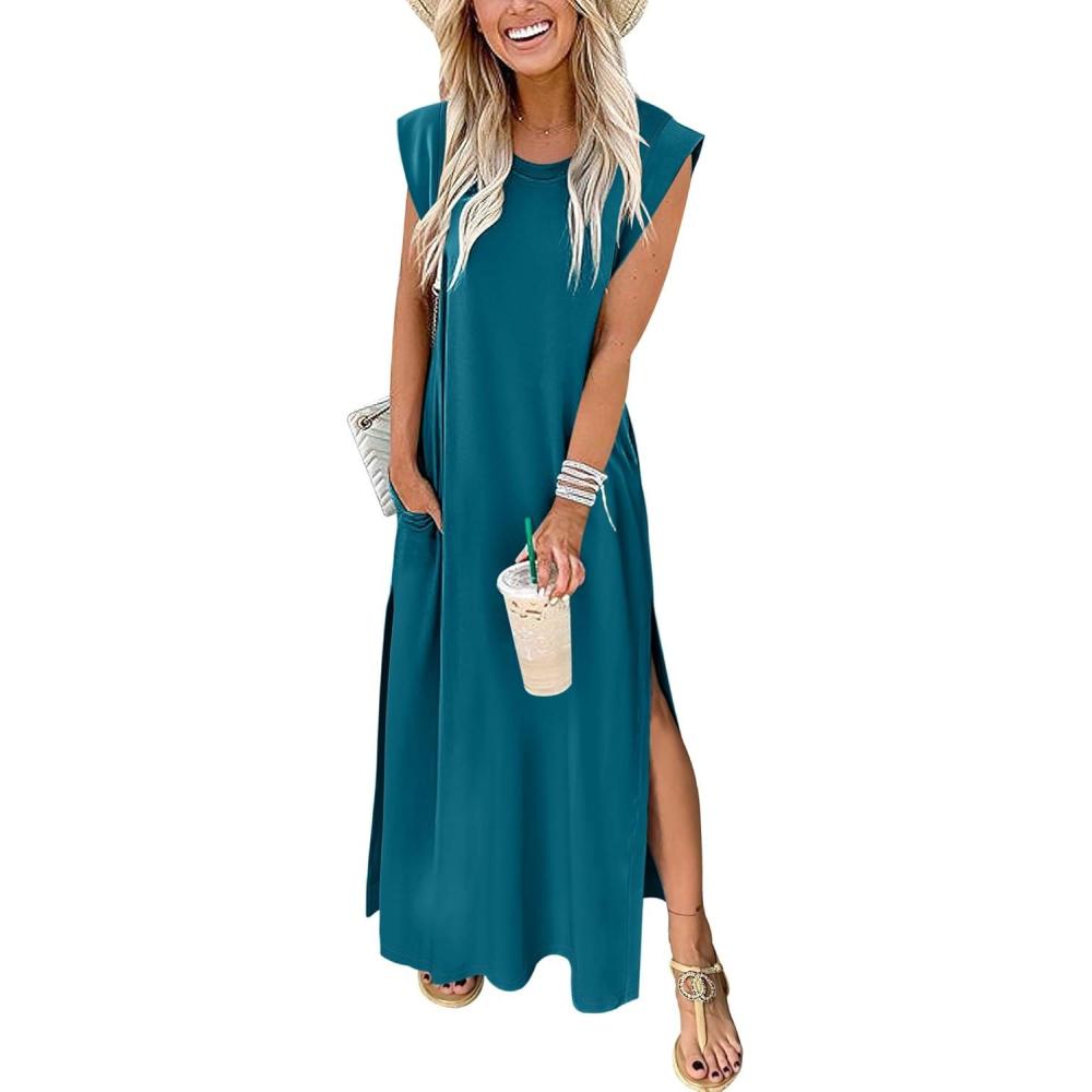 imageANRABESS Summer Dress for Women 2025 Maxi Sundresses Casual Cap Sleeve Crew Neck Loose Split Beach Travel Vacation OutfitsLake Green