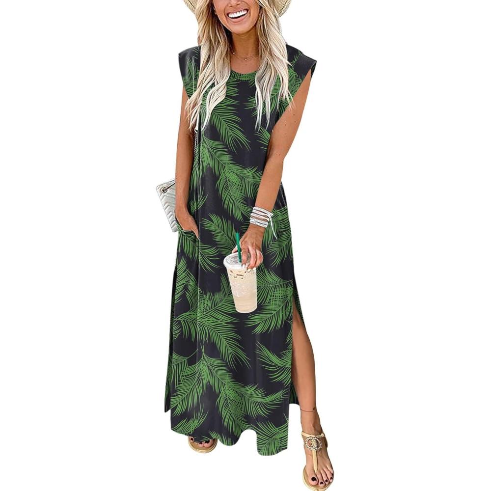 imageANRABESS Summer Dress for Women 2025 Maxi Sundresses Casual Cap Sleeve Crew Neck Loose Split Beach Travel Vacation OutfitsNavy Green Leaves