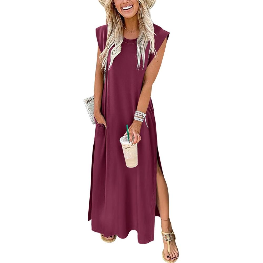 imageANRABESS Summer Dress for Women 2025 Maxi Sundresses Casual Cap Sleeve Crew Neck Loose Split Beach Travel Vacation OutfitsWine Red