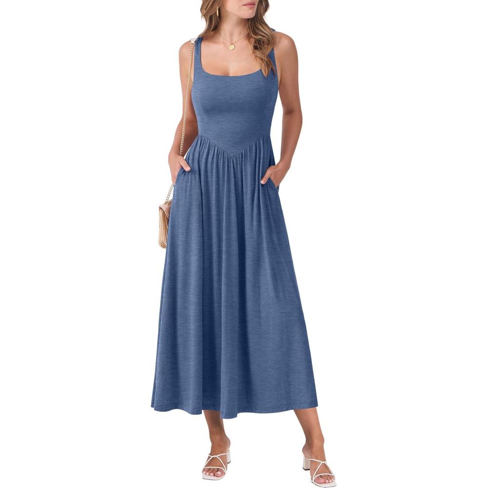 imageANRABESS Sundresses for Women 2025 Summer Casual Sleeveless Square Neck Smocked Flowy Beach Vacation Midi Dress with PocketsBlue