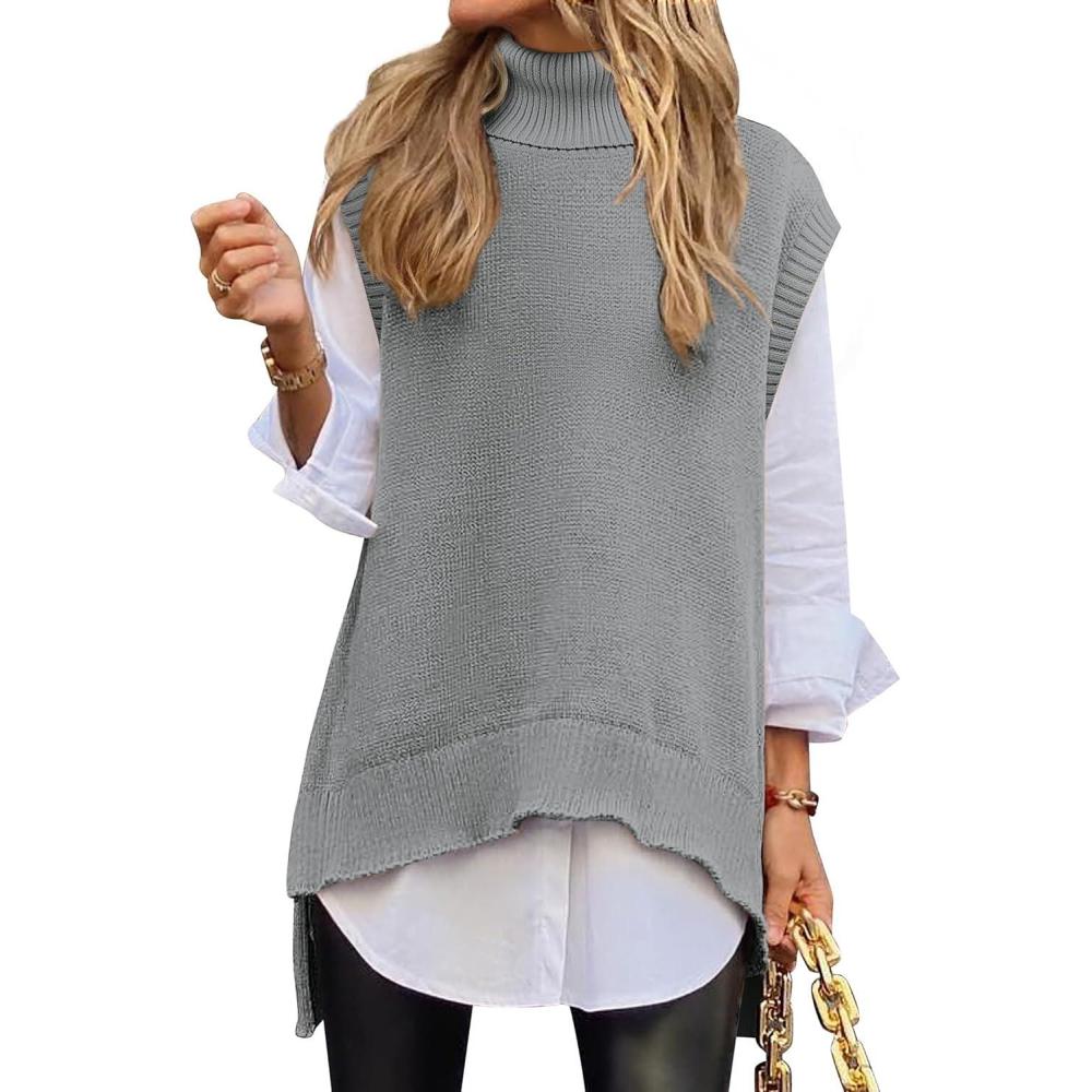 imageANRABESS Sweater Vest Women Turtleneck Sleeveless Loose Fit Pullover Knit Spilt Tank Tops 2025 Casual Trendy Fall OutfitsGrey