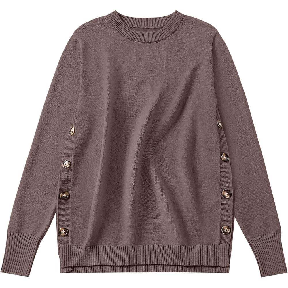 imageANRABESS Sweaters for Women 2025 Fall Long Sleeve Crewneck Knit Casual Loose Side Button Basic Pullover Tops Trendy OutfitsBrown
