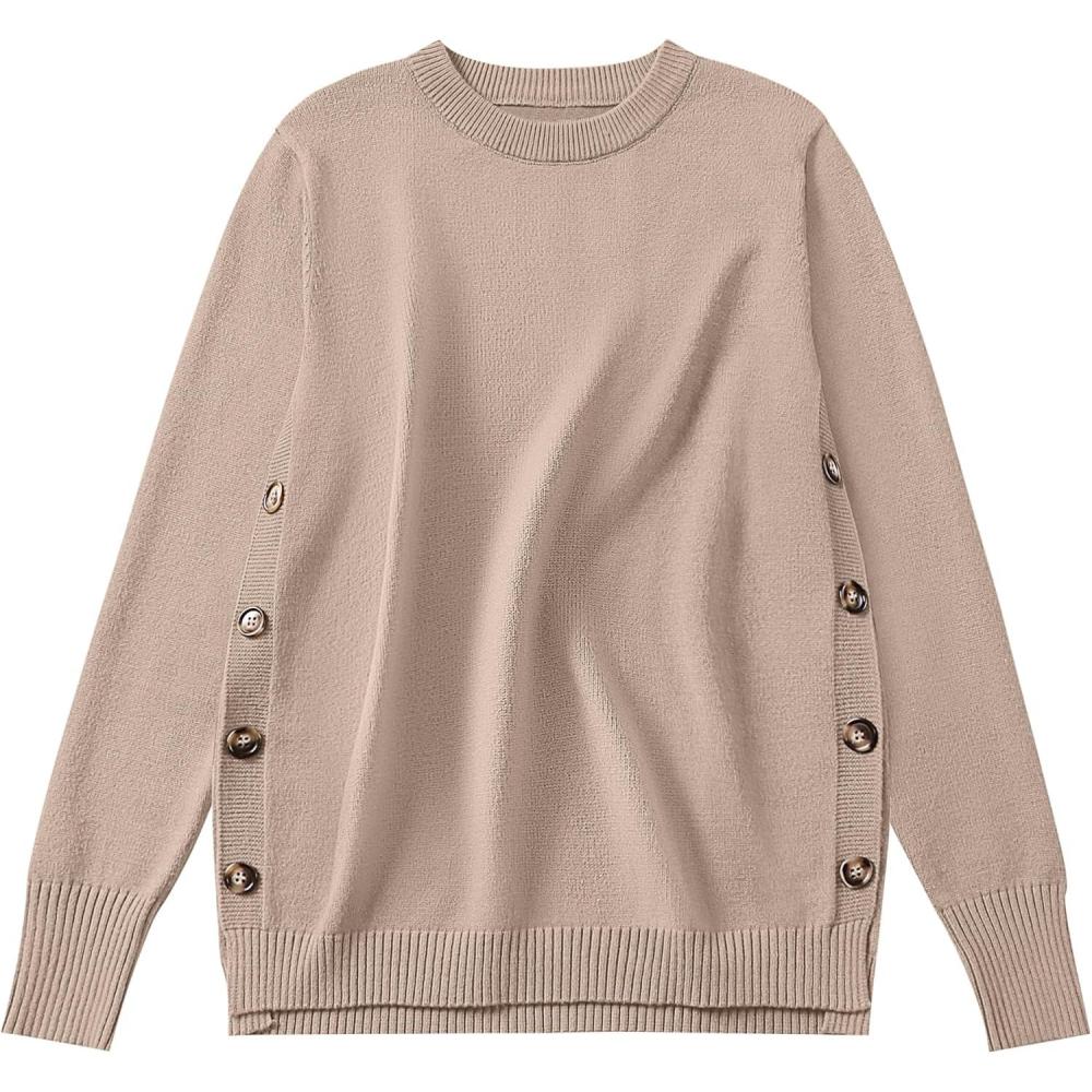 imageANRABESS Sweaters for Women 2025 Fall Long Sleeve Crewneck Knit Casual Loose Side Button Basic Pullover Tops Trendy OutfitsKhaki