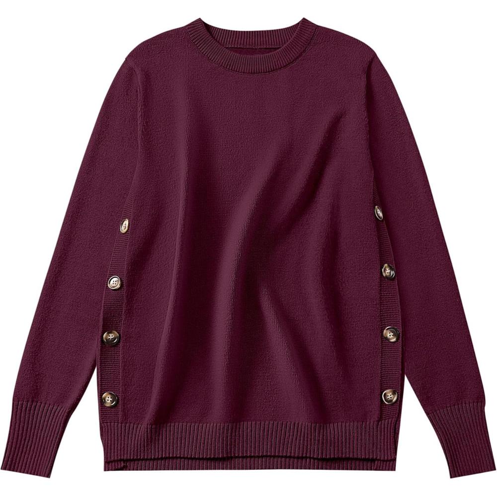 imageANRABESS Sweaters for Women 2025 Fall Long Sleeve Crewneck Knit Casual Loose Side Button Basic Pullover Tops Trendy OutfitsWine Red