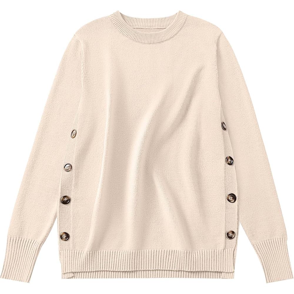 imageANRABESS Sweaters for Women 2025 Fall Long Sleeve Crewneck Knit Casual Loose Side Button Basic Pullover Tops Trendy OutfitsYellow Apricot