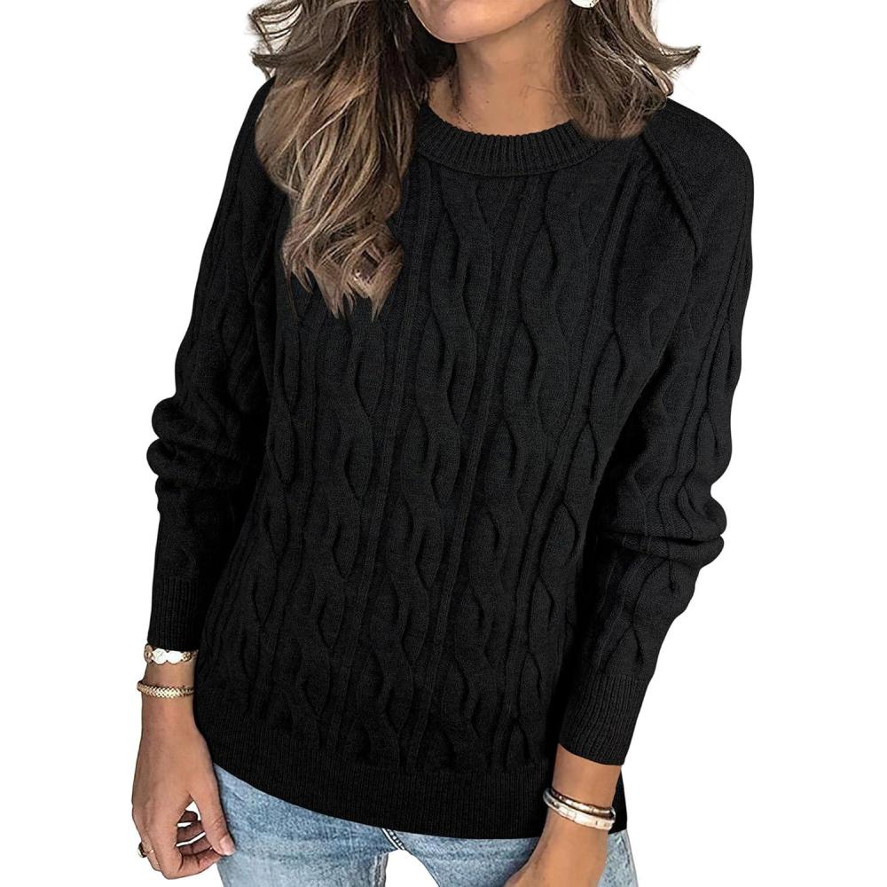imageANRABESS Sweaters for Women Long Sleeve Crewneck Cable Knit Casual Loose Pullover Tops 2025 Trendy Fall Vintage OutfitsBlack