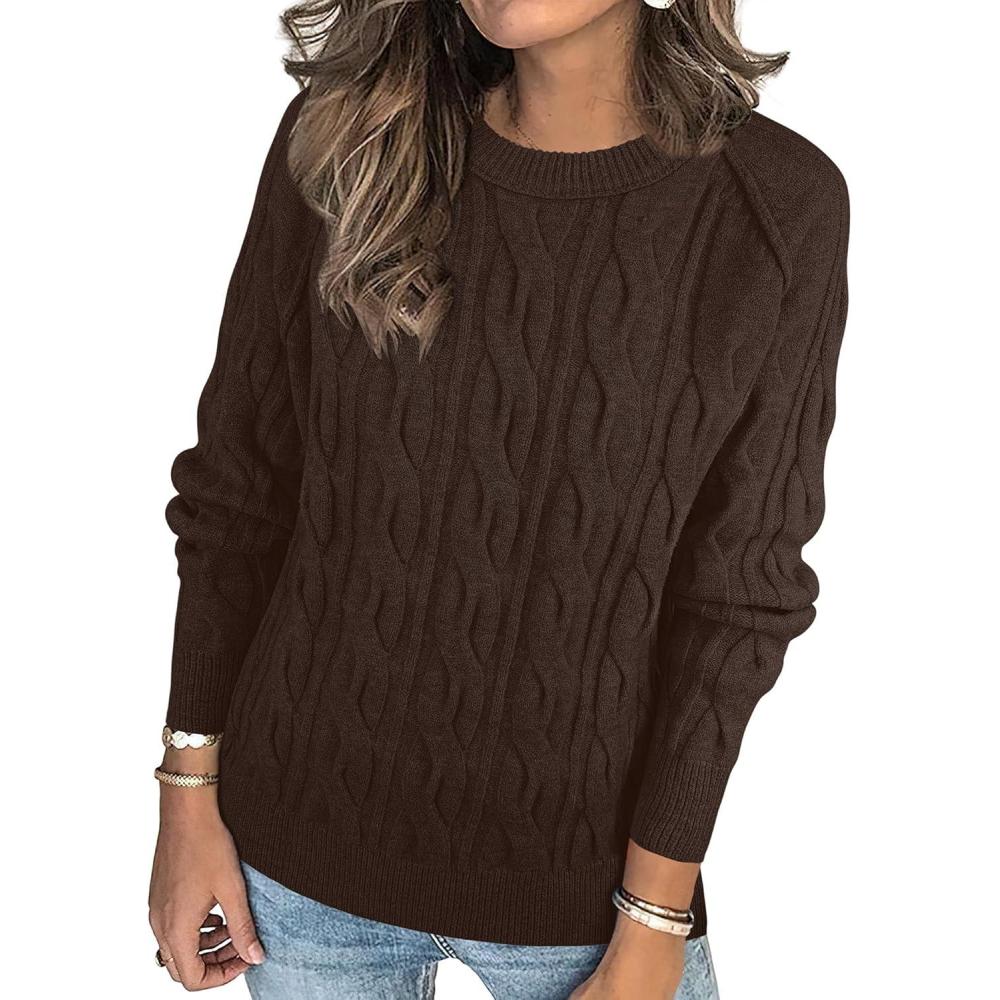 imageANRABESS Sweaters for Women Long Sleeve Crewneck Cable Knit Casual Loose Pullover Tops 2025 Trendy Fall Vintage OutfitsCoffee