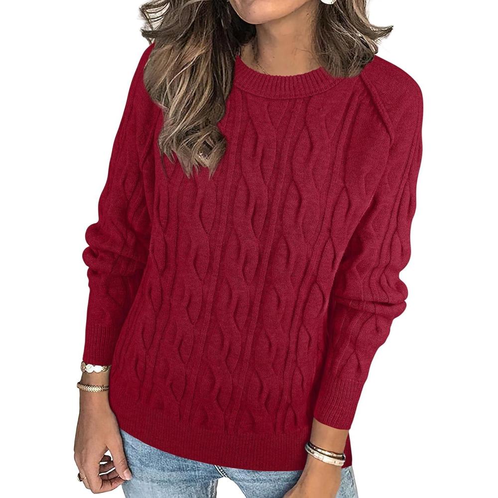 imageANRABESS Sweaters for Women Long Sleeve Crewneck Cable Knit Casual Loose Pullover Tops 2025 Trendy Fall Vintage OutfitsRed