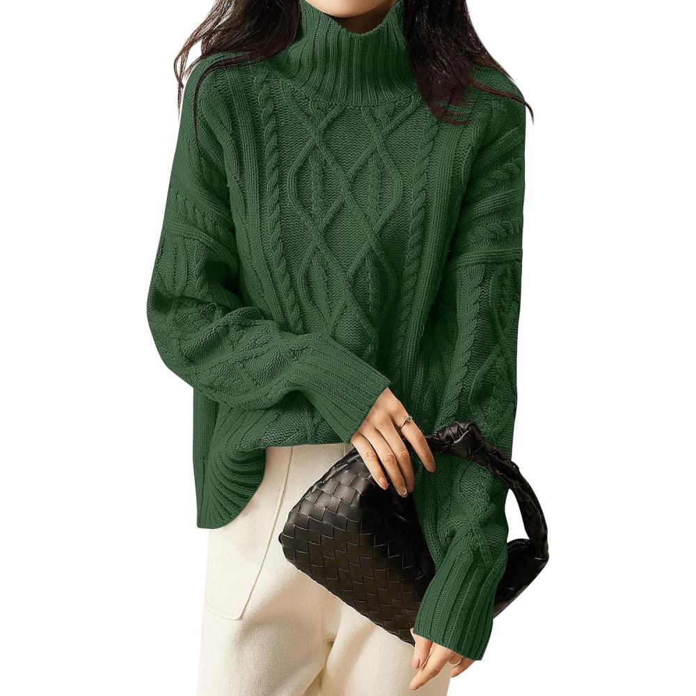 imageANRABESS Sweaters for Women Oversized Long Sleeve Turtleneck Cable Knit Casual Loose Pullover Tops 2025 Fall Trendy OutfitsDeep Green