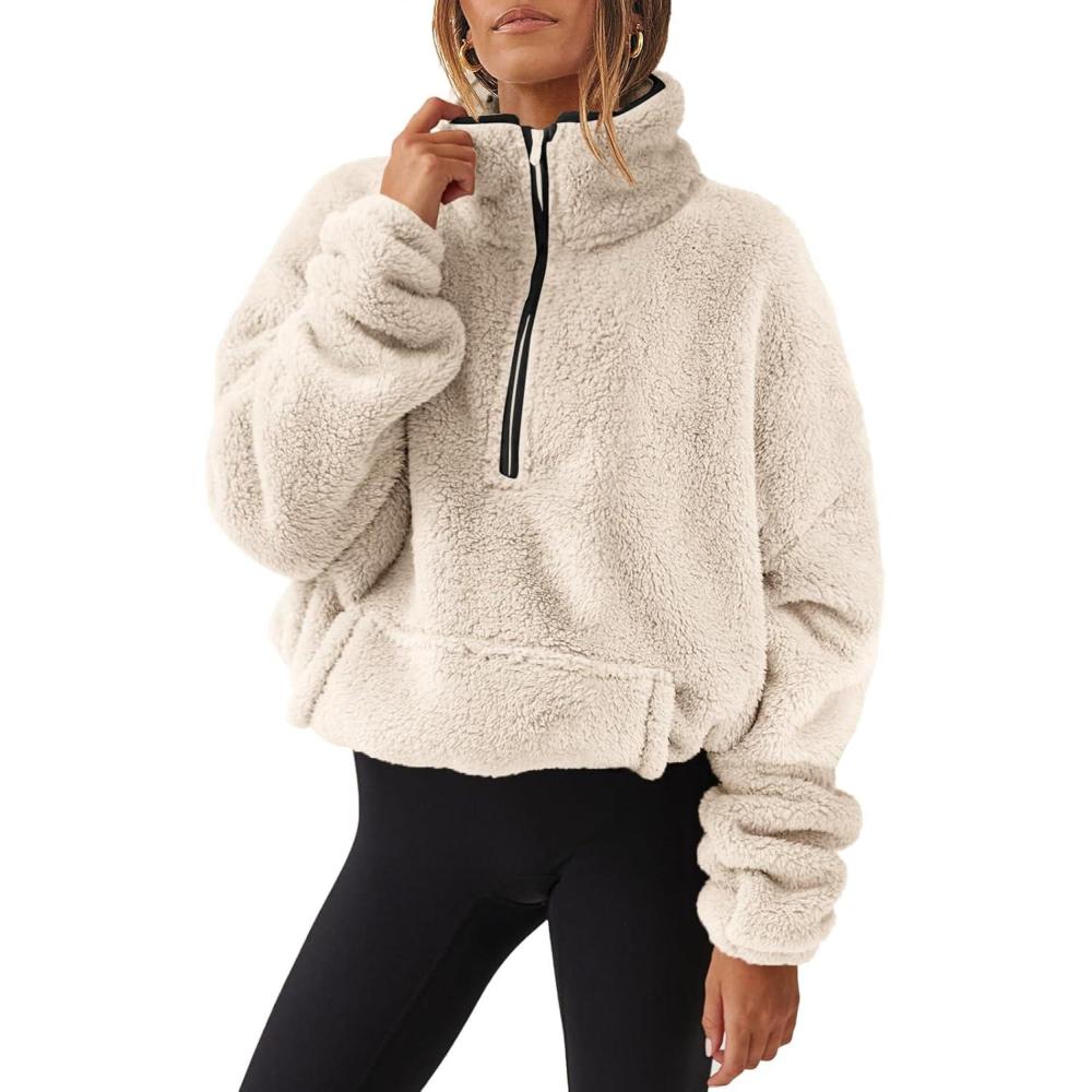 imageANRABESS Sweatshirt for Women Zip Up Hoodies Cropped Pullover Fleece Hooded Sherpa Sweaters Tops 2025 Fall Winter ClothesApricot