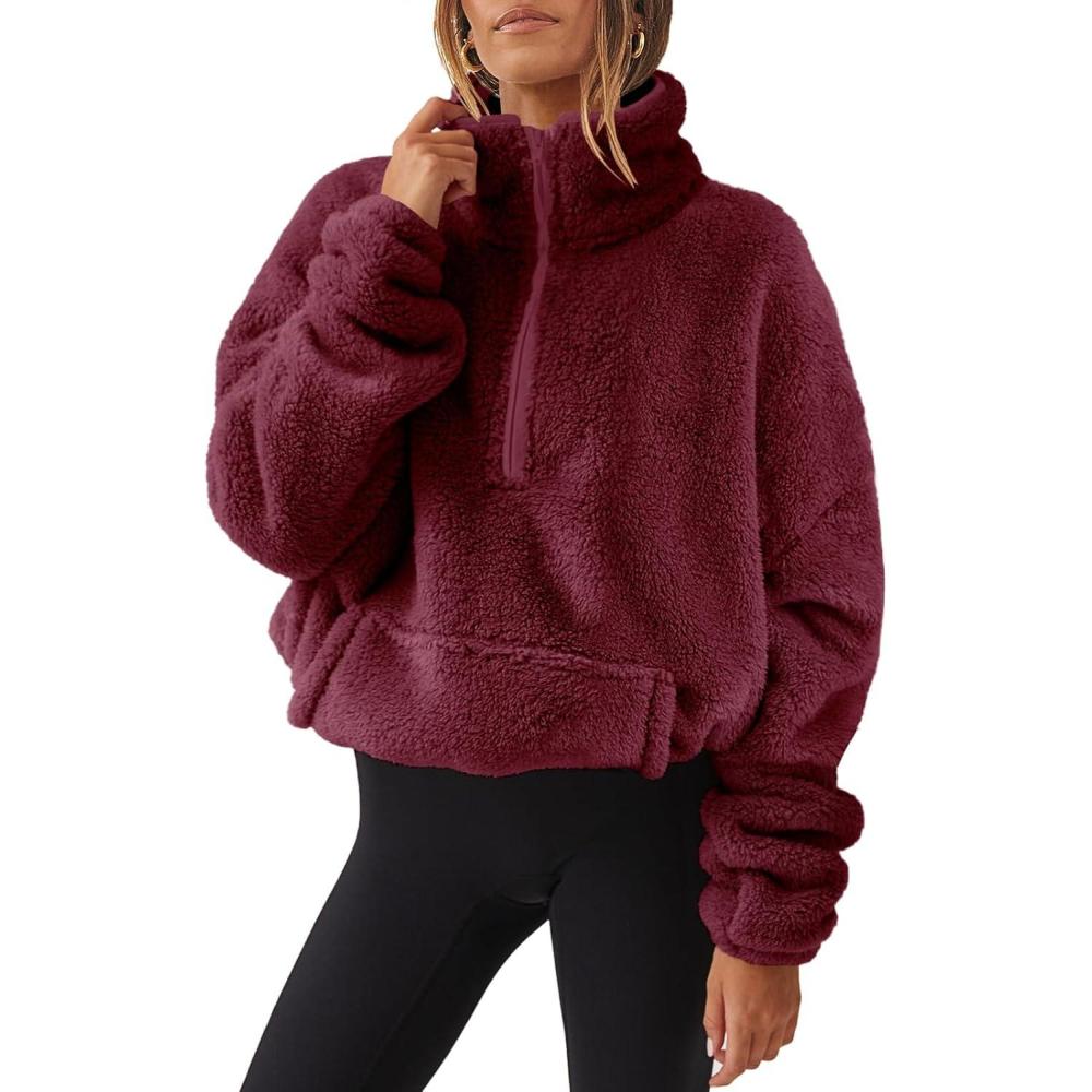 imageANRABESS Sweatshirt for Women Zip Up Hoodies Cropped Pullover Fleece Hooded Sherpa Sweaters Tops 2025 Fall Winter ClothesBurgundy