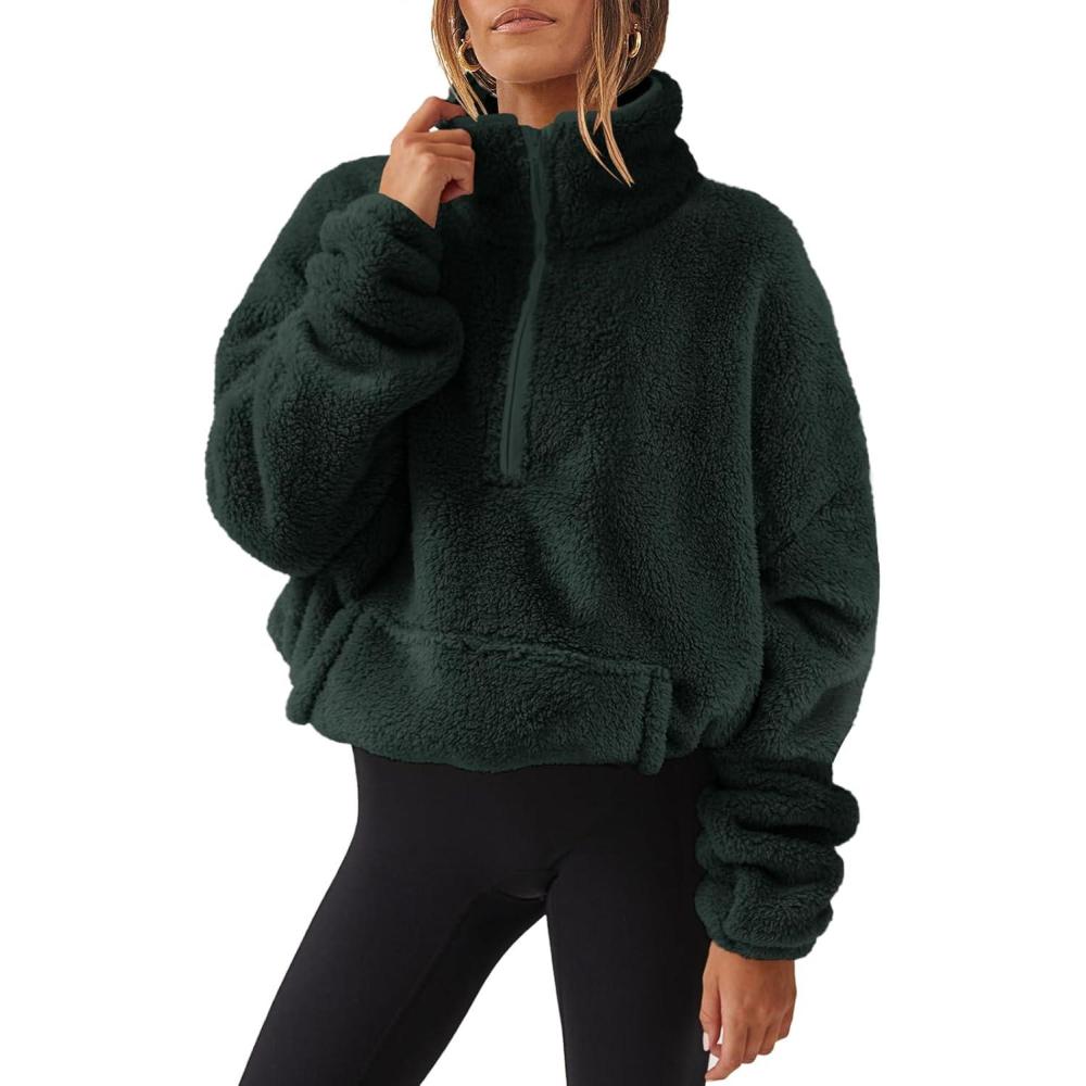 imageANRABESS Sweatshirt for Women Zip Up Hoodies Cropped Pullover Fleece Hooded Sherpa Sweaters Tops 2025 Fall Winter ClothesDark Green