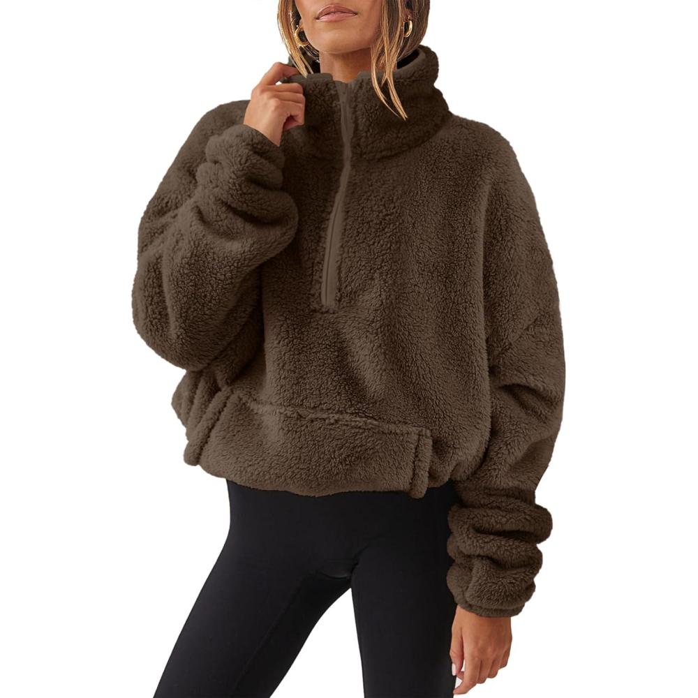 imageANRABESS Sweatshirt for Women Zip Up Hoodies Cropped Pullover Fleece Hooded Sherpa Sweaters Tops 2025 Fall Winter ClothesDeep Brown